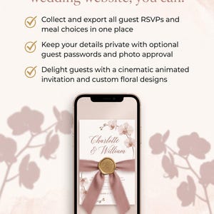 May include: A smartphone displays a wedding website invitation for Charlotte & William with floral accents and a wax seal. Text lists features: collect RSVPs, private details, and animated invitations. Buttons below read Bilingual, Custom Domain, Photo Gallery, Registry.