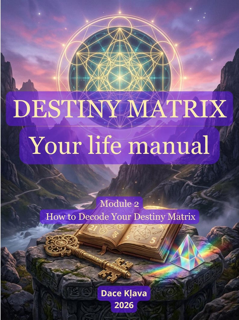 May include: A digital book cover titled DESTINY MATRIX Your life manual Module 2 How to Decode Your Destiny Matrix by Dace Kļava 2026. It features an open book, an ornate gold key, and a glass pyramid on a stone pedestal against a mountain landscape.