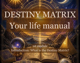 May include: A book cover titled DESTINY MATRIX Your life manual, 1st module Introduction: What is the Destiny Matrix? by Dace Kļava 2026. The illustration features a sun, moon, crystal ball, open book, pyramid, tarot cards, and a gold pocket watch.