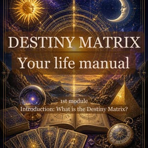 May include: A book cover titled DESTINY MATRIX Your life manual, 1st module Introduction: What is the Destiny Matrix? by Dace Kļava 2026. The illustration features a sun, moon, crystal ball, open book, pyramid, tarot cards, and a gold pocket watch.