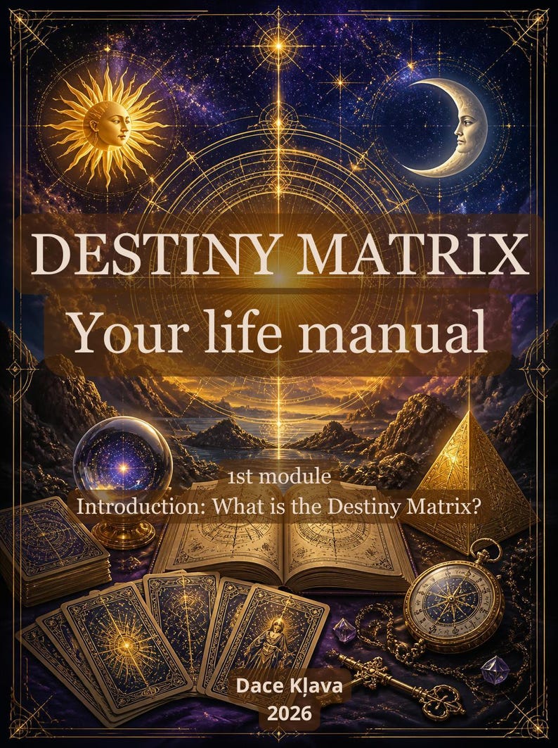 May include: A book cover titled DESTINY MATRIX Your life manual, 1st module Introduction: What is the Destiny Matrix? by Dace Kļava 2026. The illustration features a sun, moon, crystal ball, open book, pyramid, tarot cards, and a gold pocket watch.