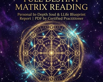 May include: A digital graphic featuring the text FULL DESTINY MATRIX READING, Personal In-Depth Soul & LLife Blueprint Report | PDF by Certified Practitioner, centred above a glowing gold geometric mandala on a dark purple starry space background.