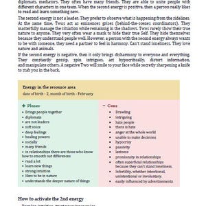 May include: A printed document titled 2.2. 2nd energy - Knowledge. Information management. It includes a paragraph about Tarot correspondence, a table titled Energy in the resource area with columns for Pluses and Cons, and a section on how to activate the 2nd energy.