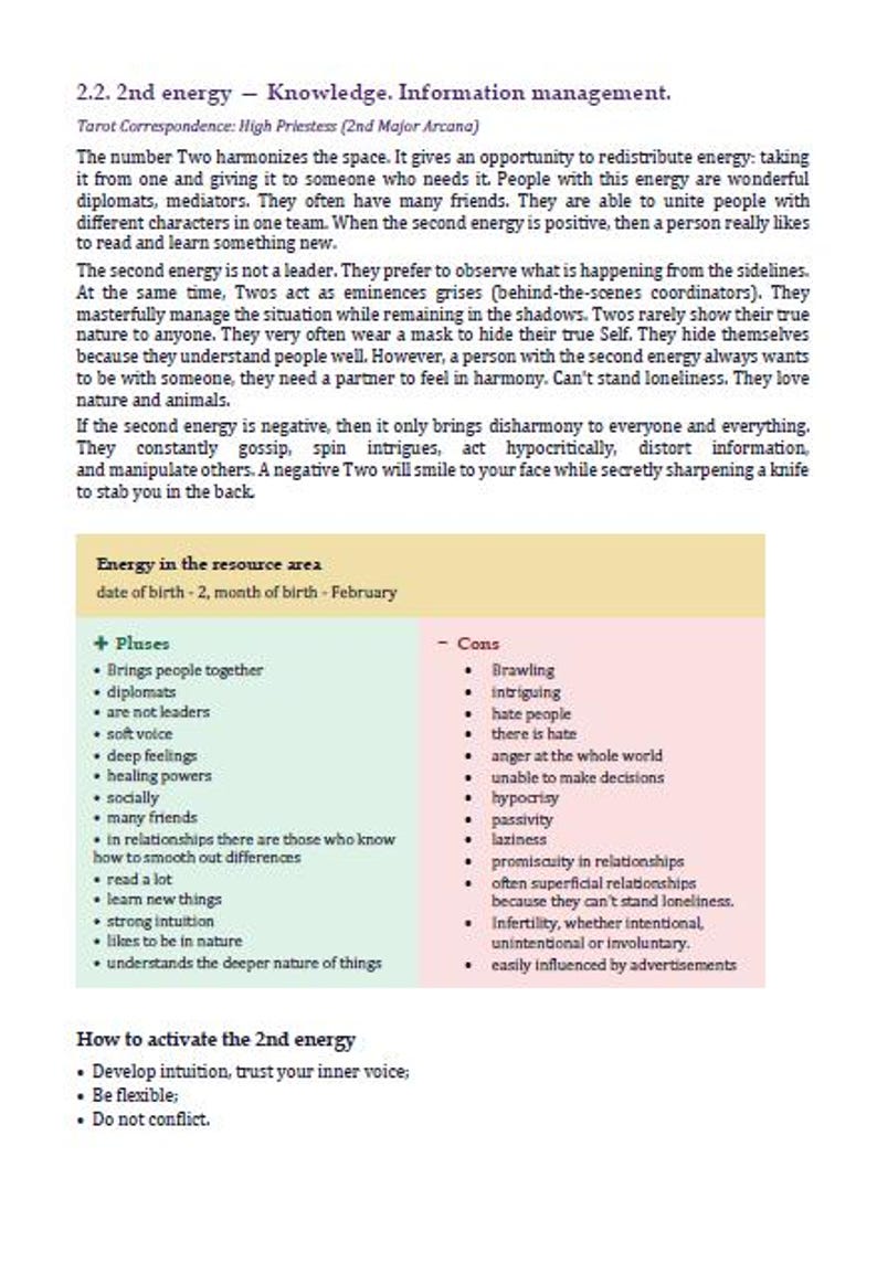 May include: A printed document titled 2.2. 2nd energy - Knowledge. Information management. It includes a paragraph about Tarot correspondence, a table titled Energy in the resource area with columns for Pluses and Cons, and a section on how to activate the 2nd energy.
