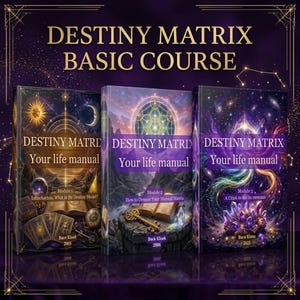 May include: Three books titled Destiny Matrix Your life manual with celestial and mystical cover art. The books feature gold text, cosmic backgrounds, and illustrations of suns, moons, crystals, and keys, set against a dark purple background.