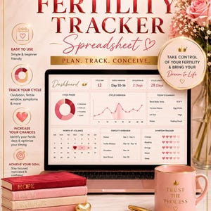 Puede incluir: Una hoja de cálculo digital de seguimiento de fertilidad en una pantalla de portátil, con panel de control, calendario y seguimiento de síntomas. Junto al portátil hay cinco libros apilados, un corazón dorado, un bolígrafo y una taza rosa.