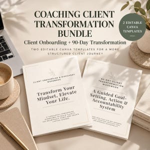May include: A coaching client transformation bundle featuring two editable Canva templates. The workbooks are titled Client Onboarding & Discovery Workbook and 90-Day Client Transformation Workbook, with text detailing goal-setting and accountability systems.