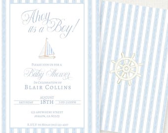 Nautical Baby Shower Invitation, Ahoy It's a Boy, Blue Gingham Sailboat Template (Digital Download)