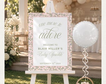 Welkomstbord voor een babyshower (One More to Adore), bewerkbaar, stijlvol roze bloemenpatroon, printbaar babyshowerbord, Canva-download