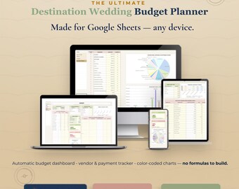 Pianificatore di budget per matrimoni all'estero, strumento di monitoraggio con Fogli Google, confronto fornitori, monitoraggio pagamenti, grafici automatici, download immediato.