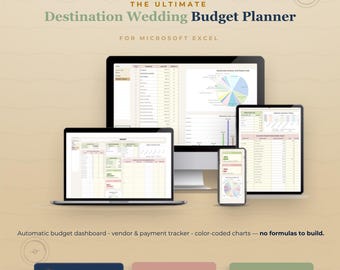 Pianificatore di budget per matrimoni all'estero, tracker Excel, gestore pagamenti, confronto fornitori, foglio di calcolo per il budget, grafici automatici, download immediato