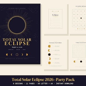 Printbare feestartikelen voor de totale zonsverduistering van 2026, Feestbundel voor het bekijken van de zonsverduistering, Bingo-activiteit met posteruitnodiging voor 12 augustus, Zonsverduisteringsspelletjes voor kinderen (PDF)