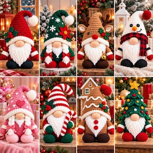 May include: A collection of eight crocheted gnome figurines featuring various holiday themes, including a red Santa gnome, a green gnome with braids, a reindeer gnome, a snowman gnome, a pink gnome, a candy cane gnome, a gingerbread gnome, and a Christmas tree gnome.