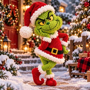Puede incluir: Una figura de ganchillo verde con ojos amarillos y expresión traviesa, que lleva un gorro de Papá Noel rojo y blanco, un abrigo rojo con cinturón negro y hebilla amarilla, y zapatos rojos curvados, en un entorno navideño nevado.
