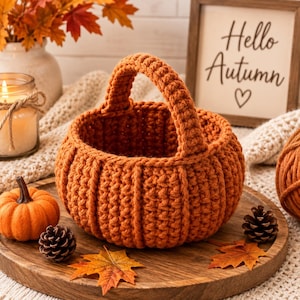 May include: A round, orange, crocheted basket with a single handle, designed to resemble a pumpkin with vertical ribbed texture. The basket is made of thick yarn and features a deep, open interior, sitting on a wooden tray with autumn decor.