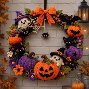 Virkad pumpakransmönster PDF, höstdekorationer, enkel Halloween-virkning, bondgårdshöstkrans, gör-det-själv-virkning till Thanksgiving, direktnedladdning