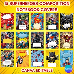 Op de afbeelding: Een digitale collectie van 15 notitieboekcovers met superheldenthema, met diverse stripfiguren zoals Spider-Man, Batman, Superman en Iron Man. Elke cover bevat een wit label met lijnen voor het noteren van namen of vakken.