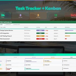 Pode incluir: Uma interface digital de rastreamento de tarefas e um quadro kanban exibidos em uma tela. O painel mostra m&eacute;tricas incluindo 24 tarefas totais, 8 ativas, 3 atrasadas, 13 conclu&iacute;das e 54% completas, com uma tabela de dados de projetos.