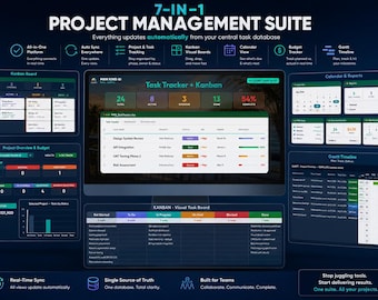 Peut inclure: Une interface numérique de suite de gestion de projet 7-en-1 comprenant un suivi des tâches, un tableau Kanban, une vue calendrier, un suivi budgétaire et un calendrier Gantt. Le tableau de bord sombre affiche des métriques et rapports.