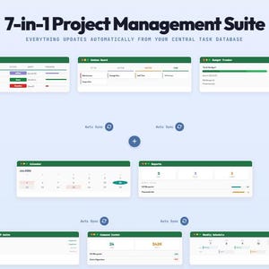 Pode incluir: Uma su&iacute;te de gest&atilde;o de projetos 7 em 1 com interface digital apresentando sete janelas distintas, incluindo rastreador de tarefas, quadro kanban, or&ccedil;amento, calend&aacute;rio, relat&oacute;rios e centro de comando, com cabe&ccedil;alhos verdes e fundo branco.