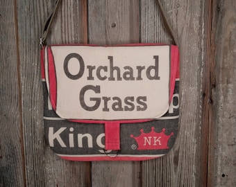 1960's Northrup King grass seed sack upcycled messenger bag