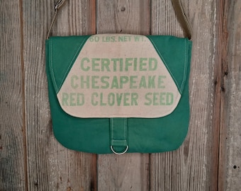 Vintage Chesapeake red clover sack upcycled messenger bag