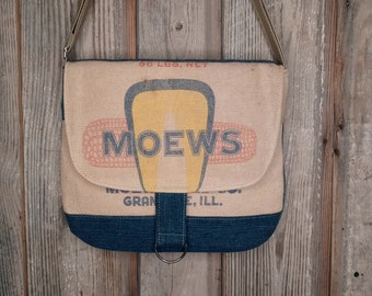 Vintage Moews seed sack and jeans upcycled messenger bag