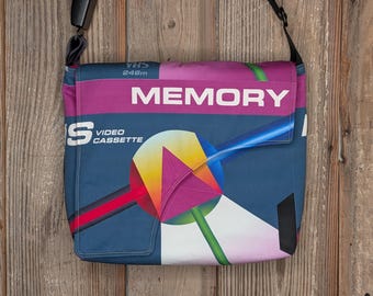 1980's retro VHS cassette  advertising printed fabric and scrubs pants cross body handbag