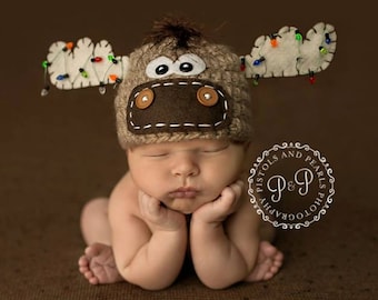 Moose Hat, with christmas lights NEWBORN christmas hat photo prop christmas, reindeer hat, newborn boy or girl Christmas, moose hat, newborn