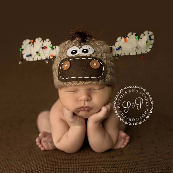 Moose Hat, with christmas lights NEWBORN christmas hat photo prop christmas, reindeer hat, newborn boy or girl Christmas, moose hat, newborn