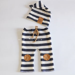 Newborn set Boy pants and knot hat stripes, Newborn boy prop, off White navy blue stripes brown knee patches, pants and hat nautical boy image 4