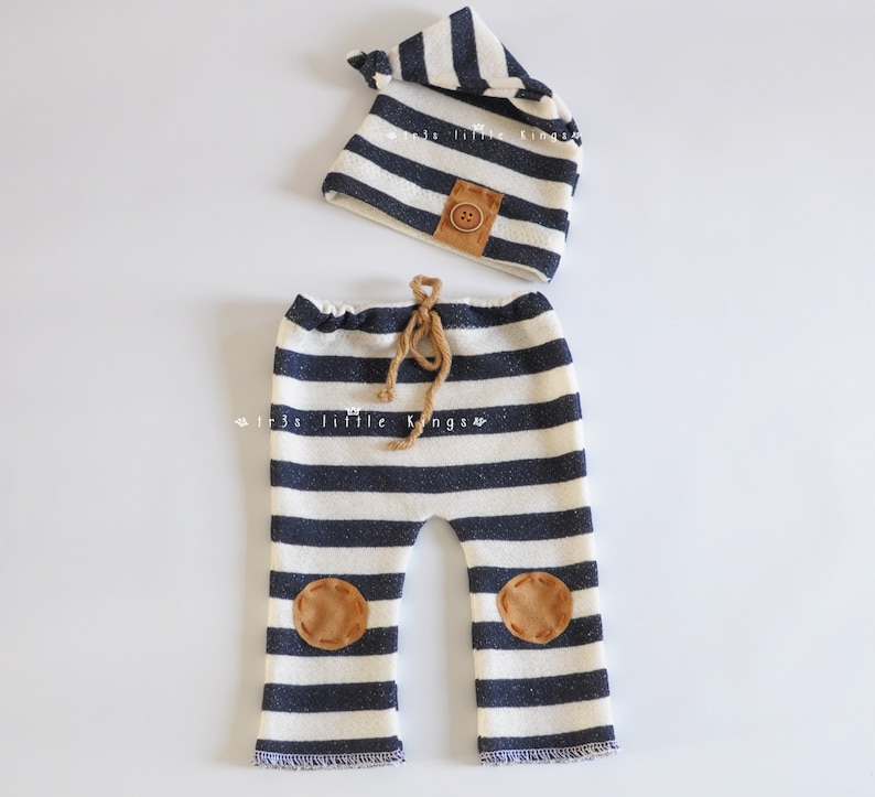 Newborn set Boy pants and knot hat stripes, Newborn boy prop, off White navy blue stripes brown knee patches, pants and hat nautical boy image 4