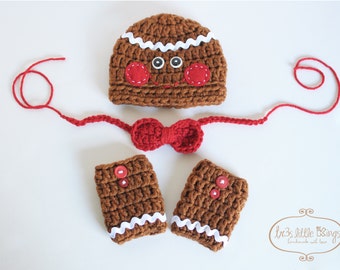 Gingerbread man hat,bow tie and legwarmers set,newborn boy set,christmas props hat,leg warmers and bow tie -Red,caramel,white- Made to Order