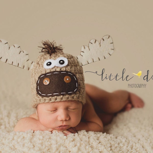Moose Hat newborn boy, boy  photo prop, newborn girl props, -Tan, Off-white, brown - Made to Order