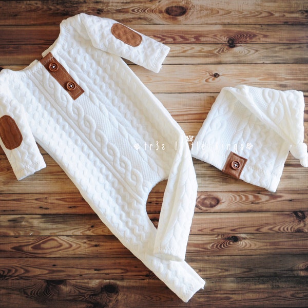 Newborn set Boy long johns Newborn boy prop hat and romper newborn outfit boy prop pjs set white off white props baby first outfit neutral