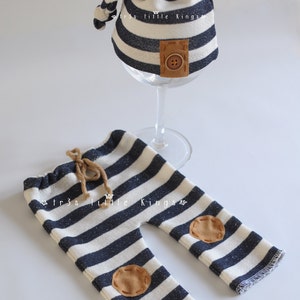 Newborn set Boy pants and knot hat stripes, Newborn boy prop, off White navy blue stripes brown knee patches, pants and hat nautical boy image 3