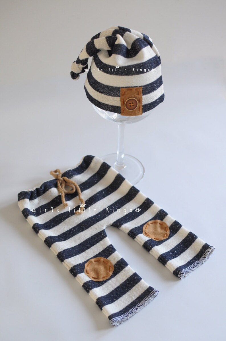 Newborn set Boy pants and knot hat stripes, Newborn boy prop, off White navy blue stripes brown knee patches, pants and hat nautical boy image 3