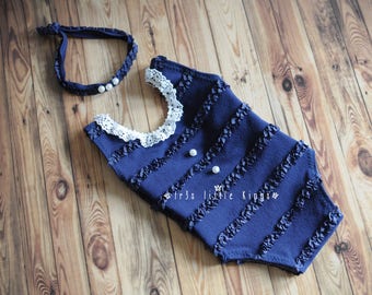 Navy blue newborn romper ruffle girl bodysuit SET newborn tieback 4th of July Newborn girl Prop patriotic props Navy blue white