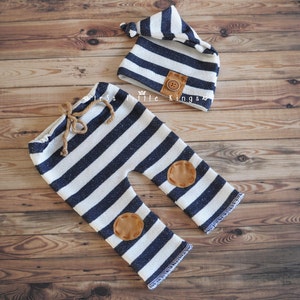 Newborn set Boy pants and knot hat stripes, Newborn boy prop, off White navy blue stripes brown knee patches, pants and hat nautical boy image 2