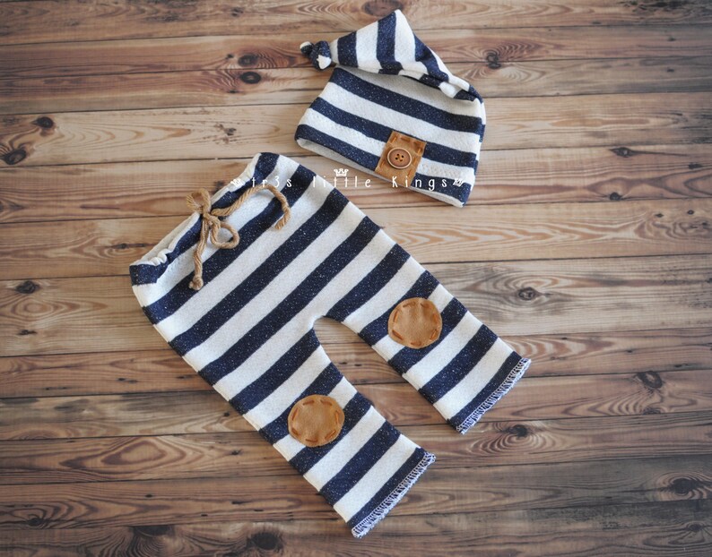 Newborn set Boy pants and knot hat stripes, Newborn boy prop, off White navy blue stripes brown knee patches, pants and hat nautical boy image 2