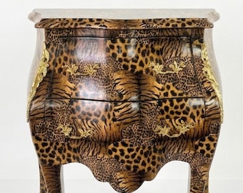 Leopard Print Nightstand, French Louis Style Bedside Table, Handmade Accent Cabinet with Brass Decoration