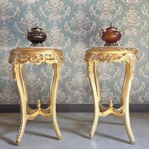 Handmade Gold French Rococo Side Table, Beige Marble Top Accent Furniture