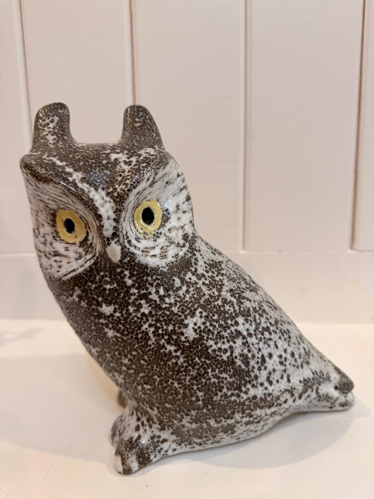 Vintage 9" Pigeon Forge Pottery Owl Signed D Ferguson Black White Lava Glaze MCM