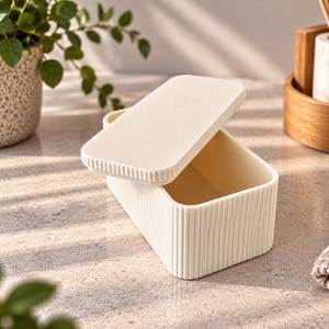 Può includere: Un contenitore rettangolare color bianco sporco con coperchio abbinato. L'esterno della scatola e i bordi del coperchio presentano una texture a coste verticali. Il contenitore è aperto e rivela una cavità interna liscia.