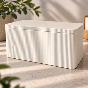 Pode incluir: Uma caixa de armazenamento retangular em tom branco sujo com tampa, apresentando uma textura canelada vertical em todos os lados. O recipiente possui cantos arredondados e um acabamento sólido, oferecendo um design simples para organizar objetos.