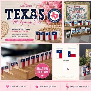 May include: A Texas-themed Mahjong set featuring custom tiles with Lone Star State imagery, including Texas flag designs, state icons, and landscapes. The set includes a framed art piece with the text Deep in the Heart of Mahj, dice, and racks.