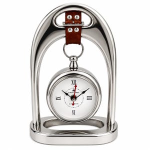 Vintage Chrome Hanging Clock, Pocket Watch Style, Brown Leather Strap, Roman Numeral, 9 Inch