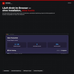 May include: A digital interface for ObilisDigital featuring the text Läuft direkt im Browser — ohne Installation, ohne Konto. Below, a progress dashboard displays Mein Fortschritt, 0/30 Sterne gesamt, 0 Aufgaben gelöst, and 0% Richtig-Quote.