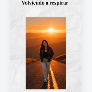 May include: A book cover titled Volviendo a respirar by Florangely Velazco featuring a photograph of a person walking down a road at sunset. The person wears a dark jacket, a black top, and light blue jeans against a backdrop of orange mountains.
