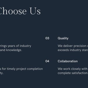 K&ouml;nnte beinhalten: Eine dunkelblaue Infografik mit dem wei&szlig;en Text Why Choose Us. Sie listet vier Punkte auf: 01 Expertise, 02 Reliability, 03 Quality und 04 Collaboration, jeweils gefolgt von einem kurzen Satz, der professionelle Dienstleistungen und Standards beschreibt.